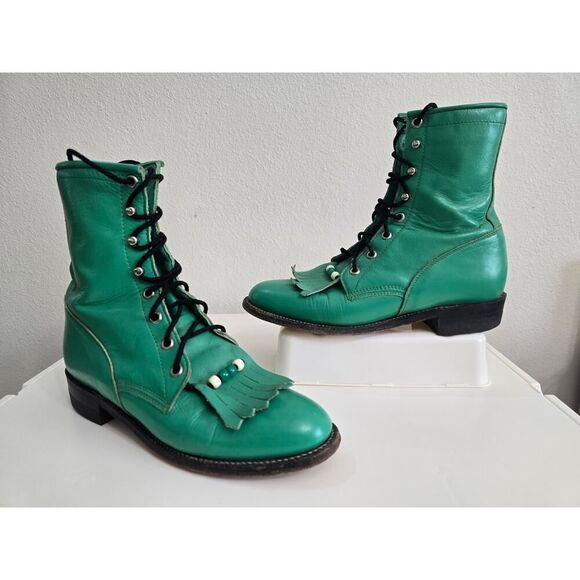 Vintage Justin Green Leather Lace-Up Boots Size 6.5 Women Fringe Western Ankle - Picture 1 of 10